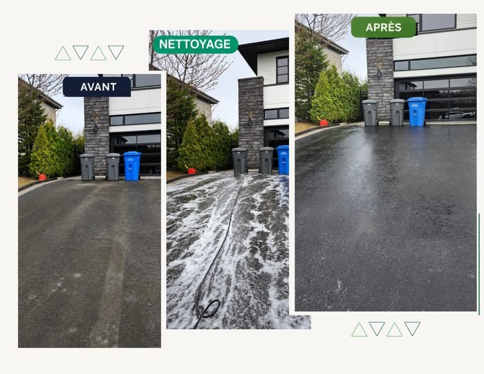 Entrée en asphalte avant, pendant et après nettoyage